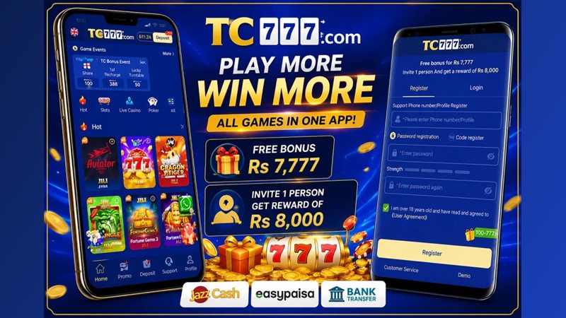 TC777 Game banner showing the app lobby and registration screen