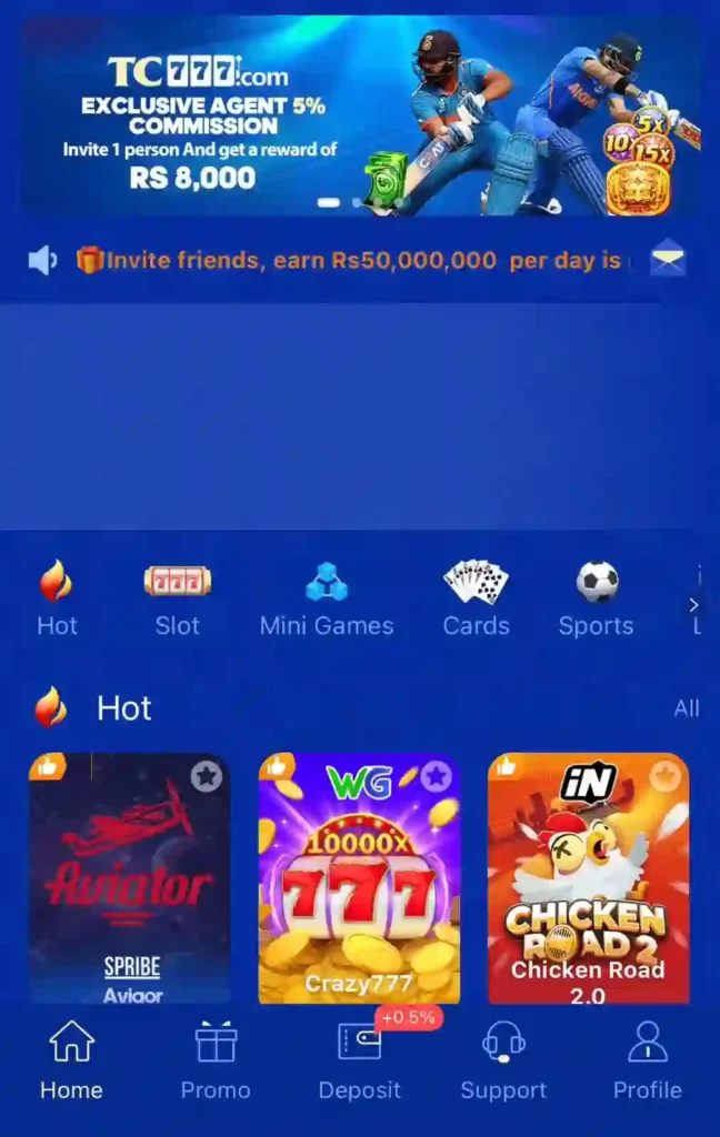 TC777 app home lobby showing the agent commission banner and the Hot, Slot, Mini Games, Cards and Sports categories