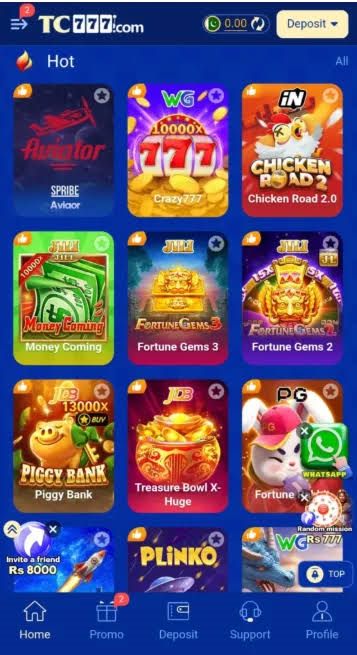 TC777 Hot games grid showing Aviator, Crazy777, Chicken Road 2.0, Money Coming, Fortune Gems and Piggy Bank titles